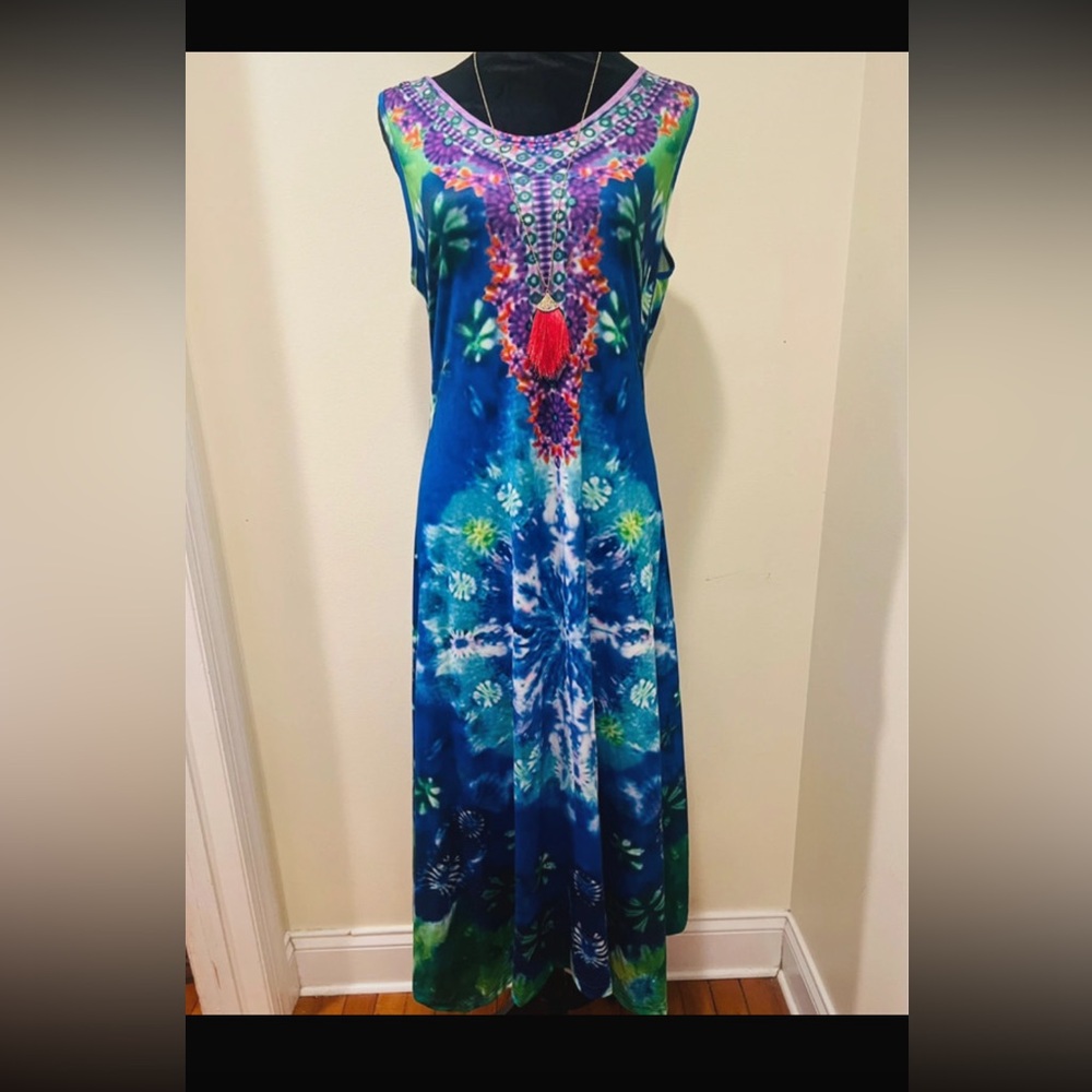 Blue Tropical Boho Maxi Dress Embellished Resort Cruise Vacation M - Picture 2 of 9